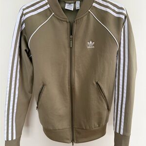 Adidas Women's Olive Bomber Jacket with White Stripes